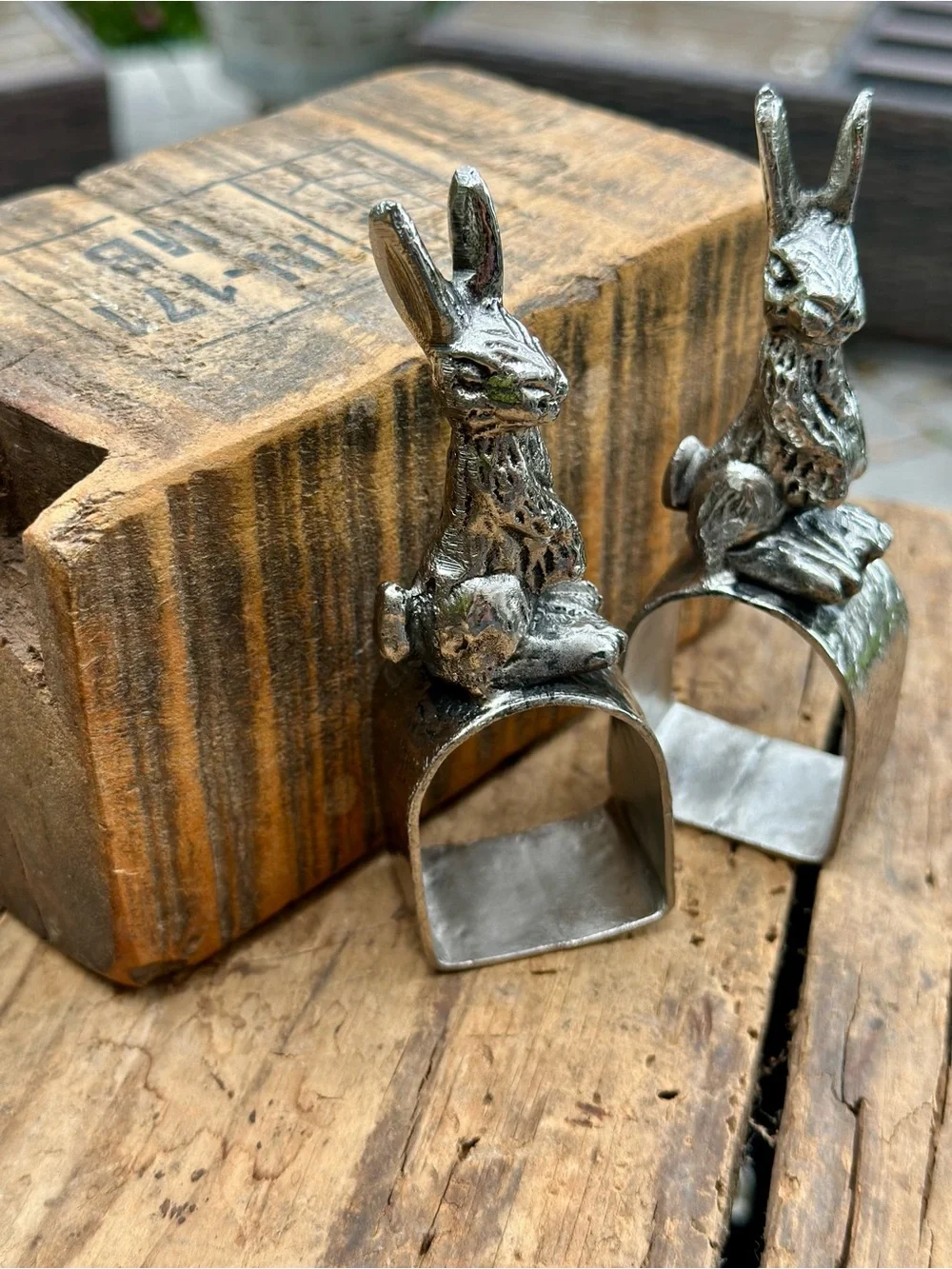 Set of 2 Silver Tone Bunny Napkin Rings Easter Spring Garden Party
